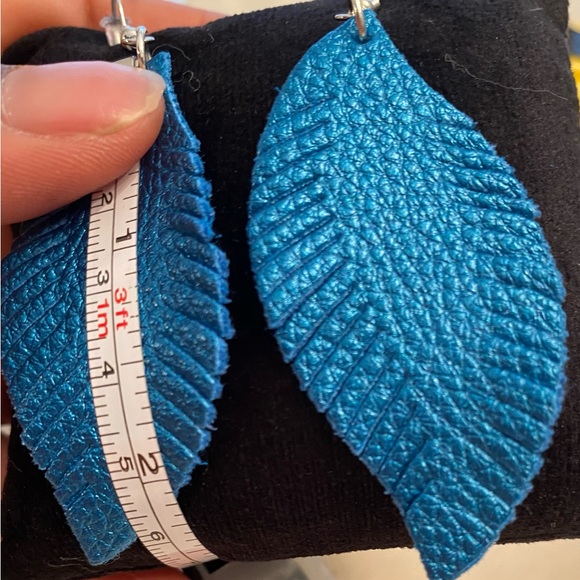 Faux Leather Tropical Blue Leaf Drop Earrings - Picture 4 of 4